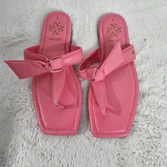 Sam & Libby Pink Faux Leather Square Toe Flat Slide On Thong Sandal Size 8 - Picture 2 of 14